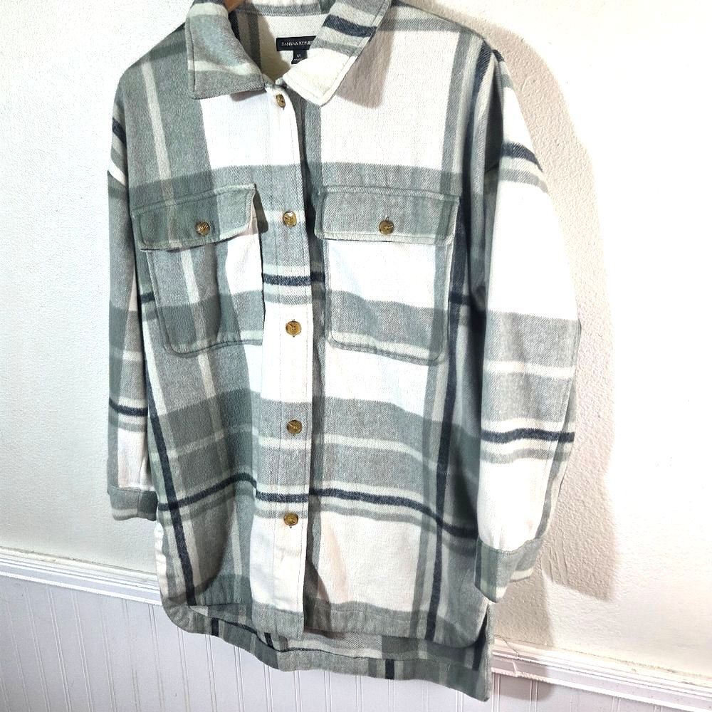 Banana Republic Green Plaid Fleece Shacket Button Up Mens Medium - Picture 10 of 12
